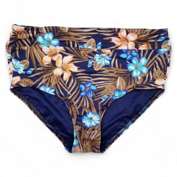 Lands' End High Waisted Bikini Bottoms Control Deep Sea Navy Tropic Palm Size 10 - Picture 2 of 5